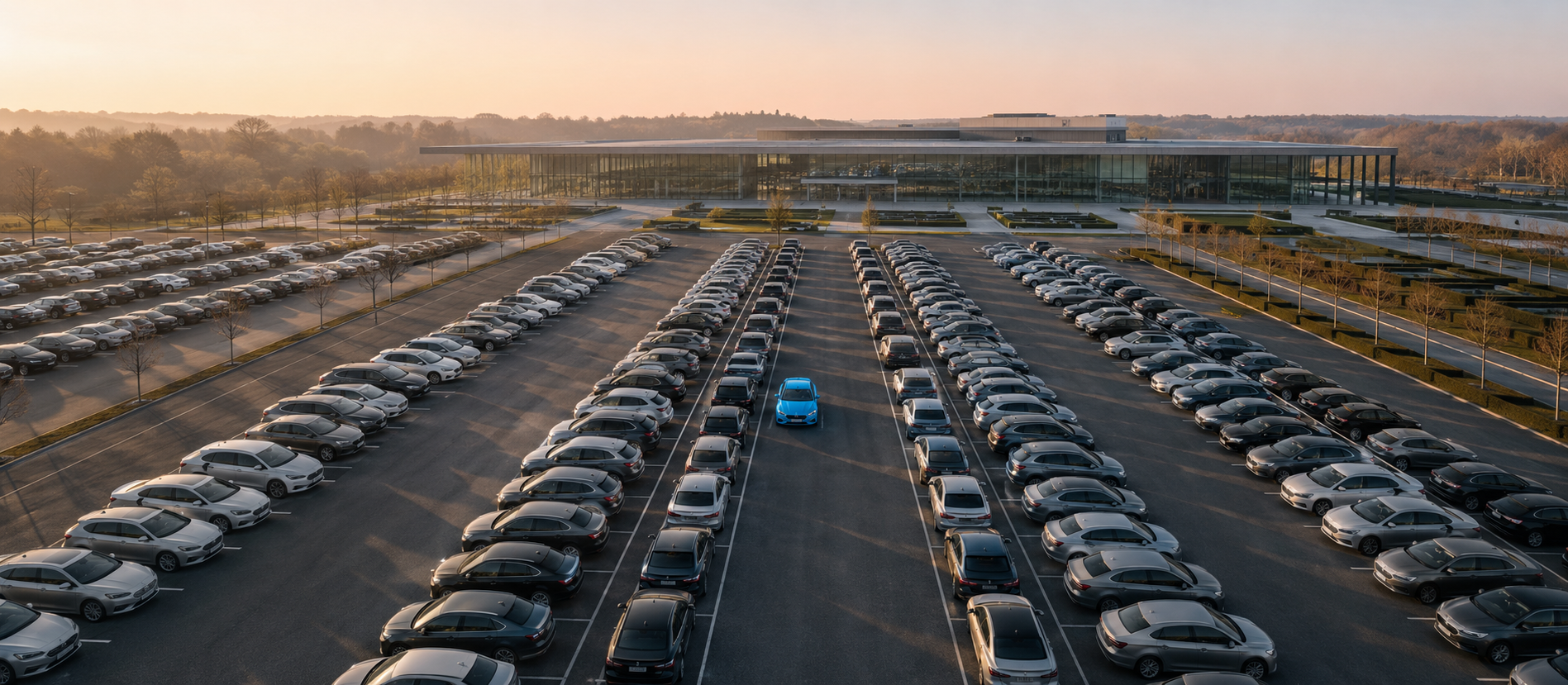 Aerial view of a corporate campus parking lot at dawn — hundreds of cars in tight rows, one cyan-blue car parked at the center, a modernist glass-walled headquarters in the distance.