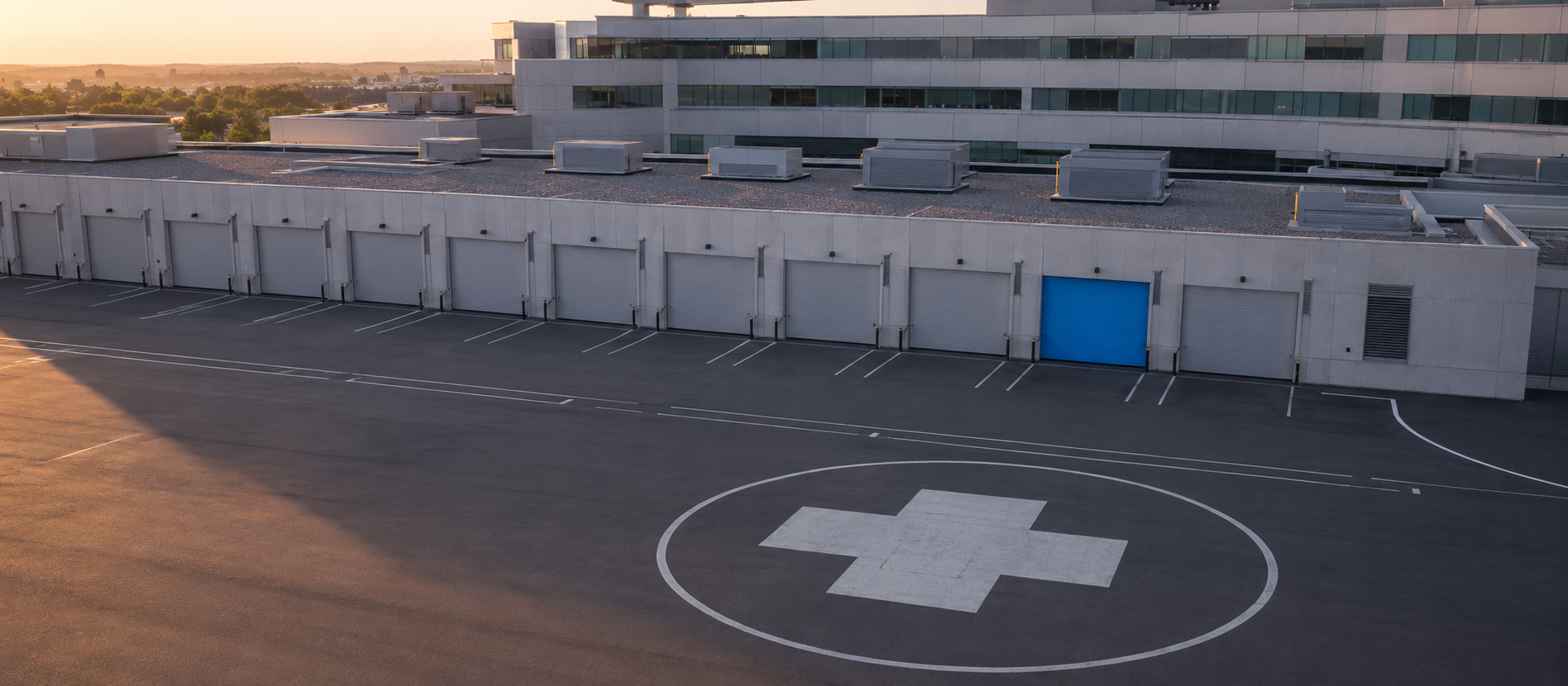 Aerial view of a hospital complex at dawn — a row of loading bay doors along the building, a circular helipad with white cross marking, one cyan-blue bay door standing out from the rest.