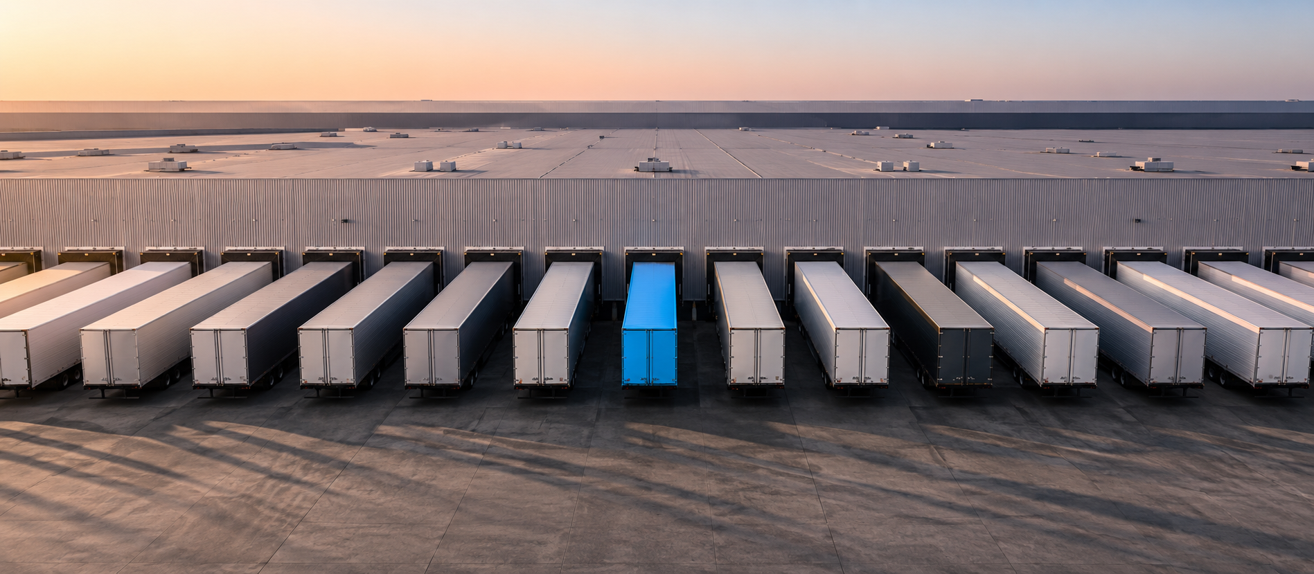 Aerial view of a factory loading dock at dawn — rows of semi-trailers backed up to a long warehouse wall, one cyan-blue trailer standing out in the middle of the row.